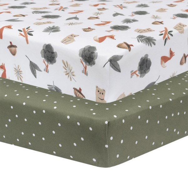 Living Textiles Cot Fitted Sheets 2pk Forest Retreat/Olive Dots