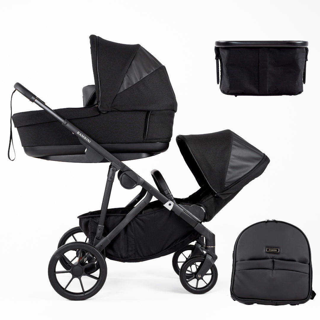 Bambini Prams Lisbon Black/Black Standard Bundle (with Bassinet & Lower Adaptors)