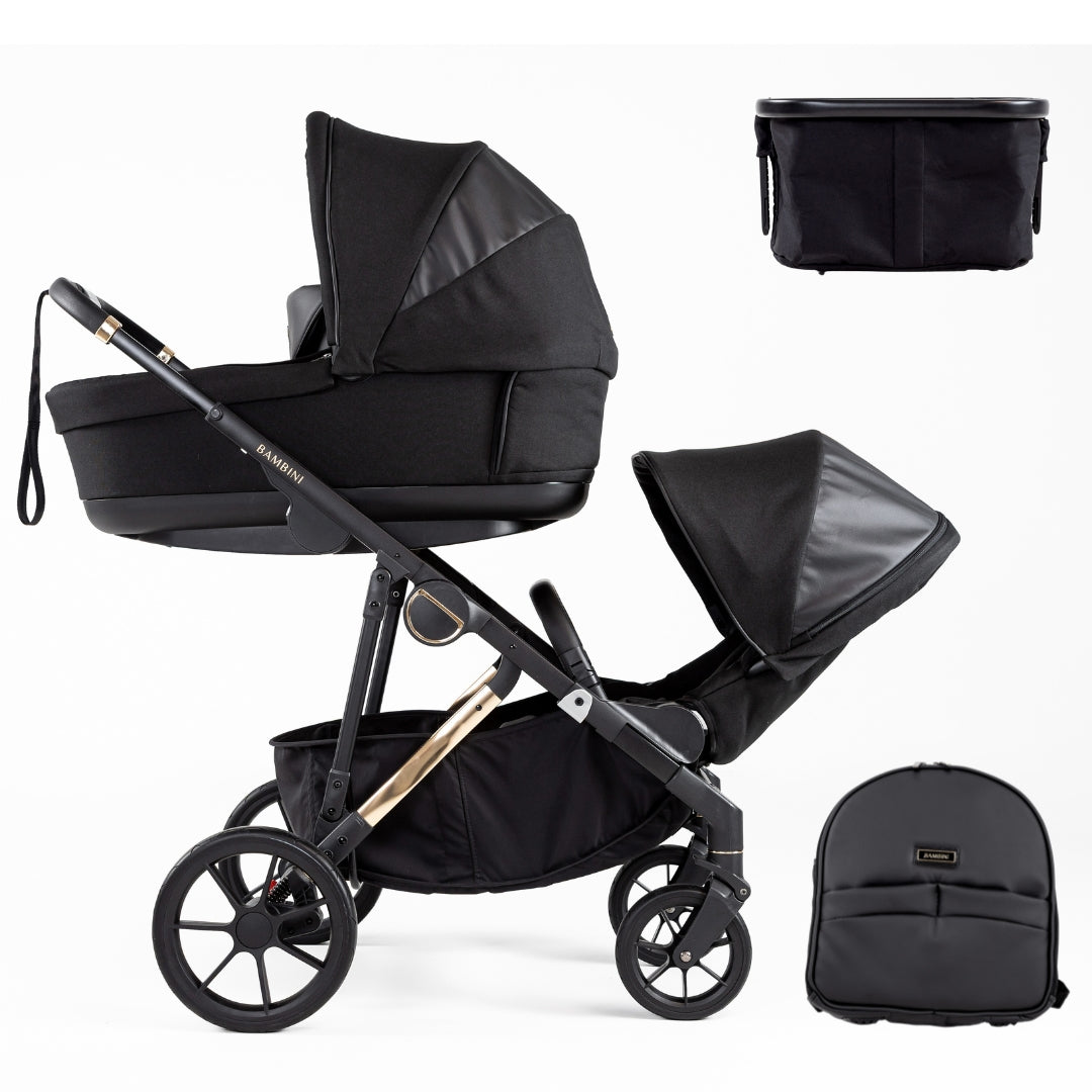 Bambini Prams Lisbon Black/Gold Standard Bundle (with Bassinet & Lower Adaptors)