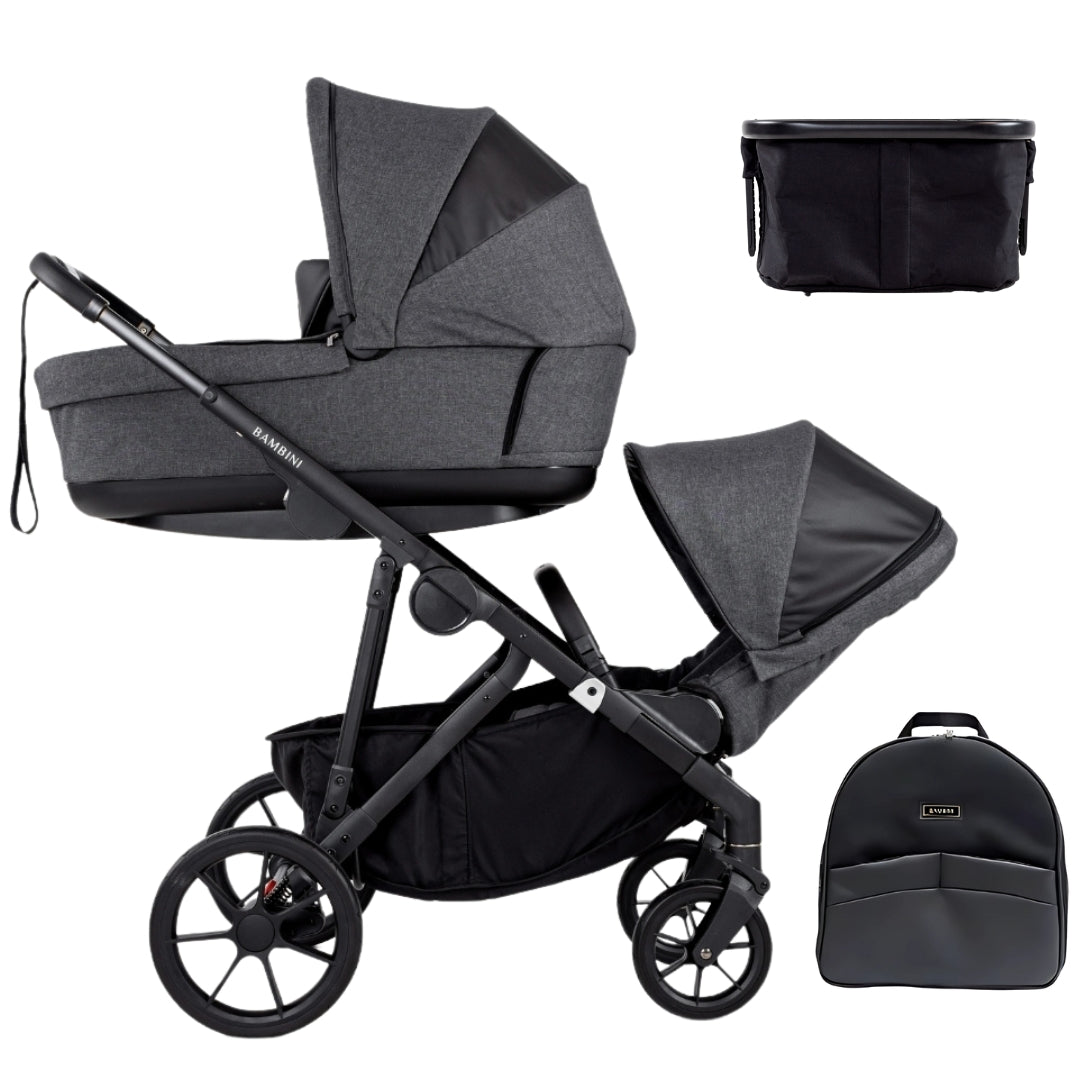 Bambini Prams Lisbon Charcoal/Black Standard Bundle (with Bassinet & Lower Adaptors)