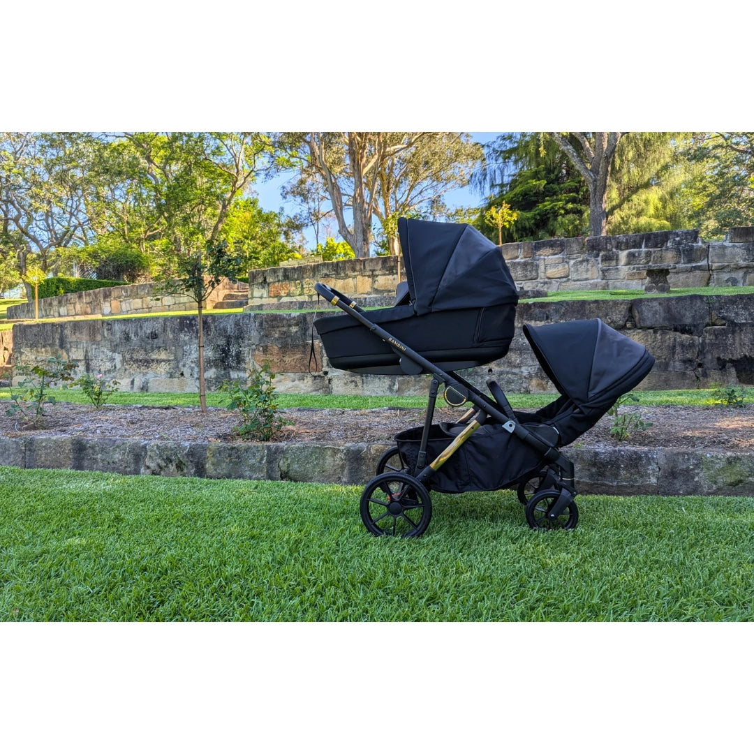 Bambini Prams Lisbon Black/Gold Standard Bundle (with Bassinet & Lower Adaptors)