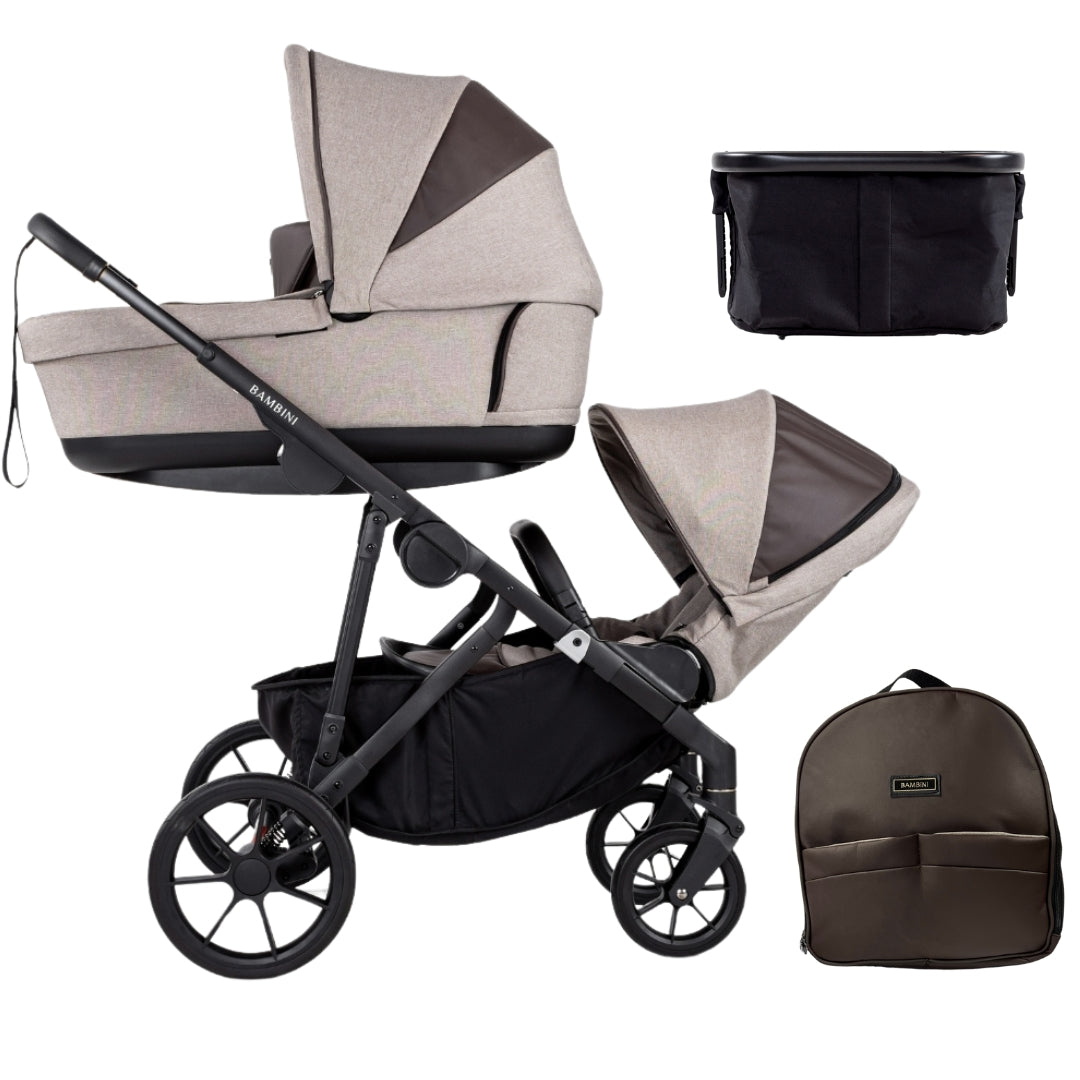 Bambini Prams Lisbon Mocha/Tan/Black Standard Bundle (with Bassinet & Lower Adaptors)
