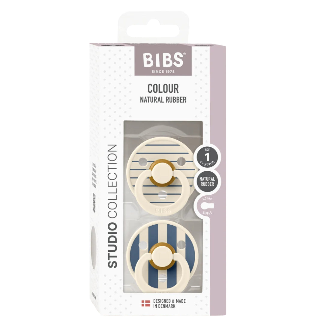 BIBS Dummy Studio Collection Round 2pk Pin Ivory Steel Blue Mix Size 1