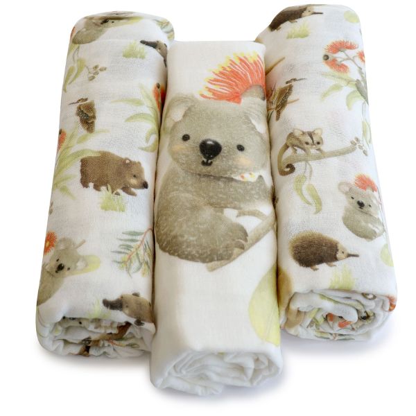 Bubba Blue Muslin Wraps Aussie Animals 3pk