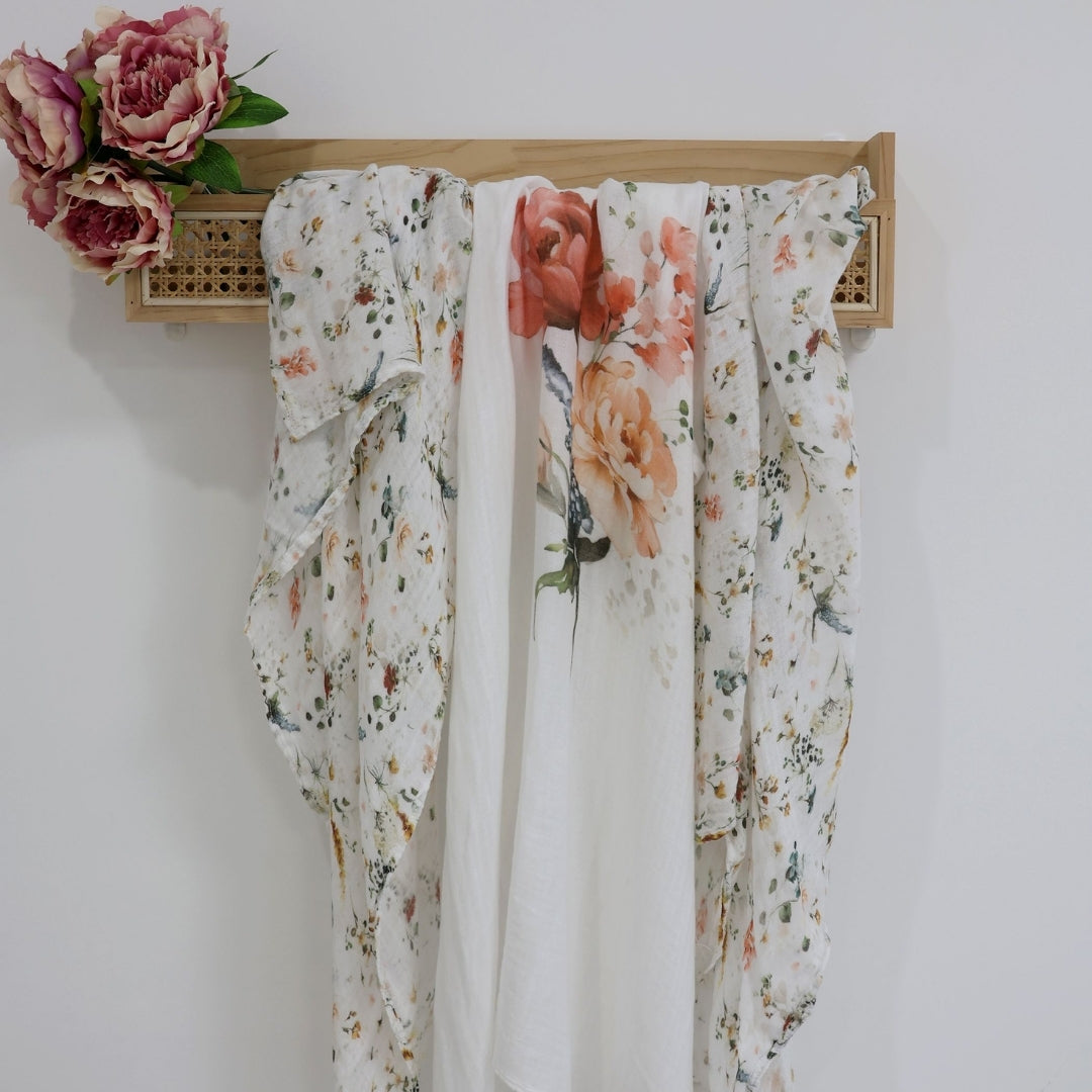 Bubba Blue Peonies Bamboo Muslin Wraps 3 Pack