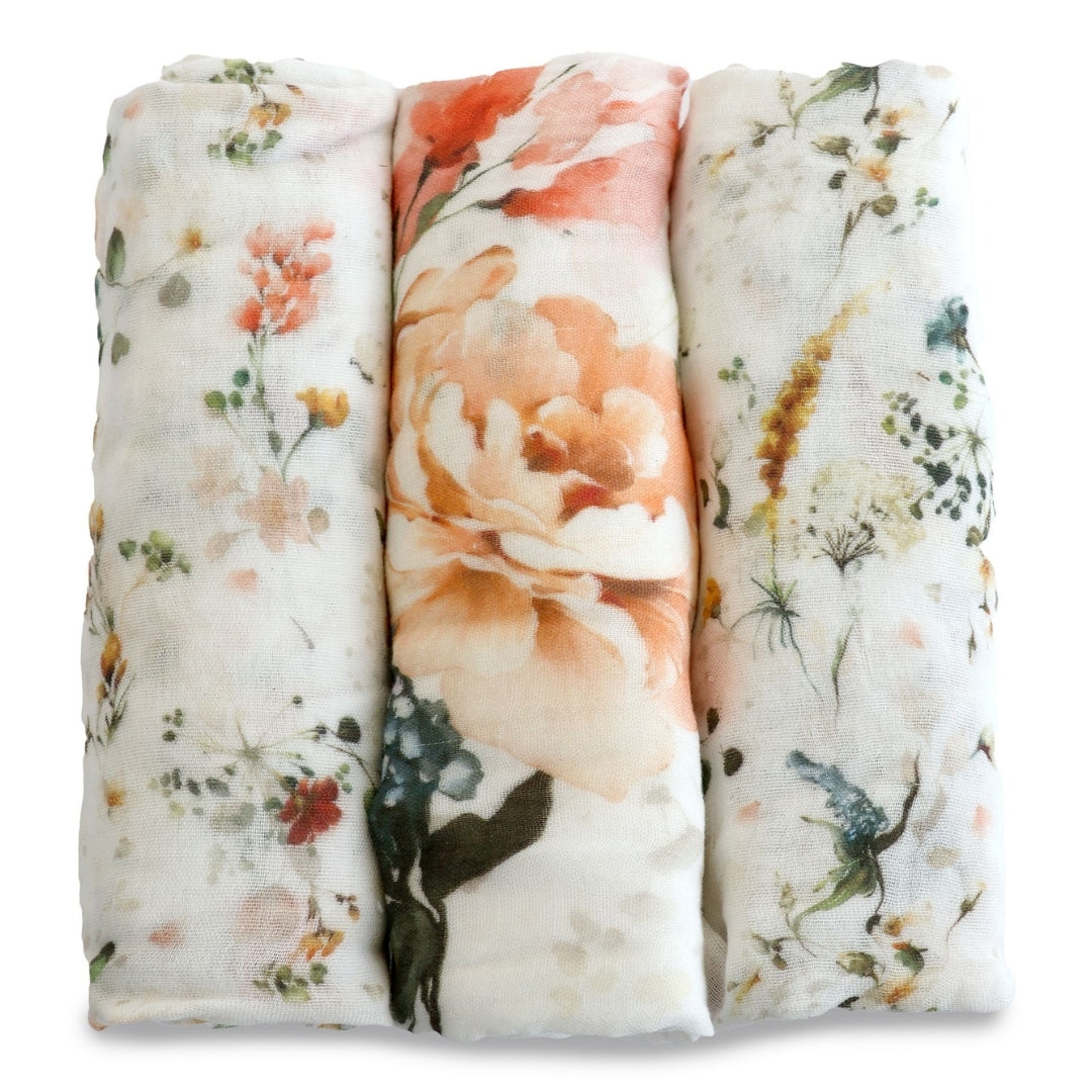 Bubba Blue Peonies Bamboo Muslin Wraps 3 Pack