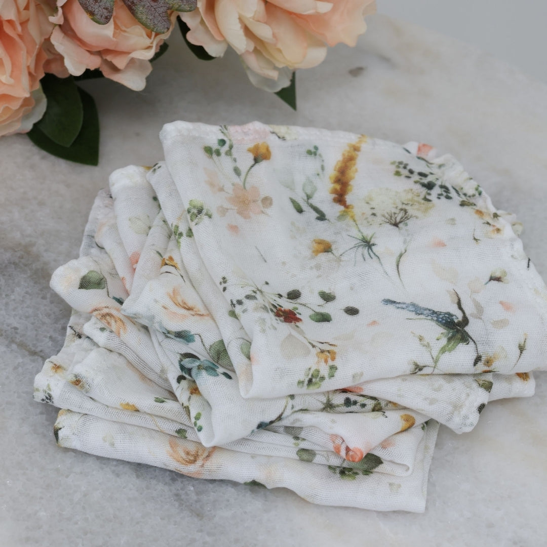 Bubba Blue Peonies Bamboo Muslin Face Washers 6 Pack