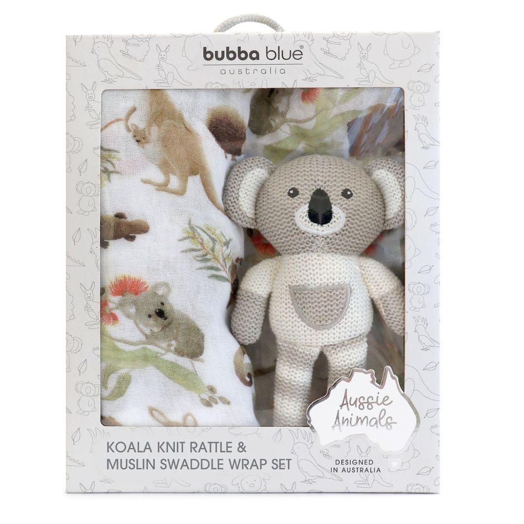 Bubba Blue Aussie Animals Koala Muslin Swaddle Wrap and Knit Rattle Toy Gift Set