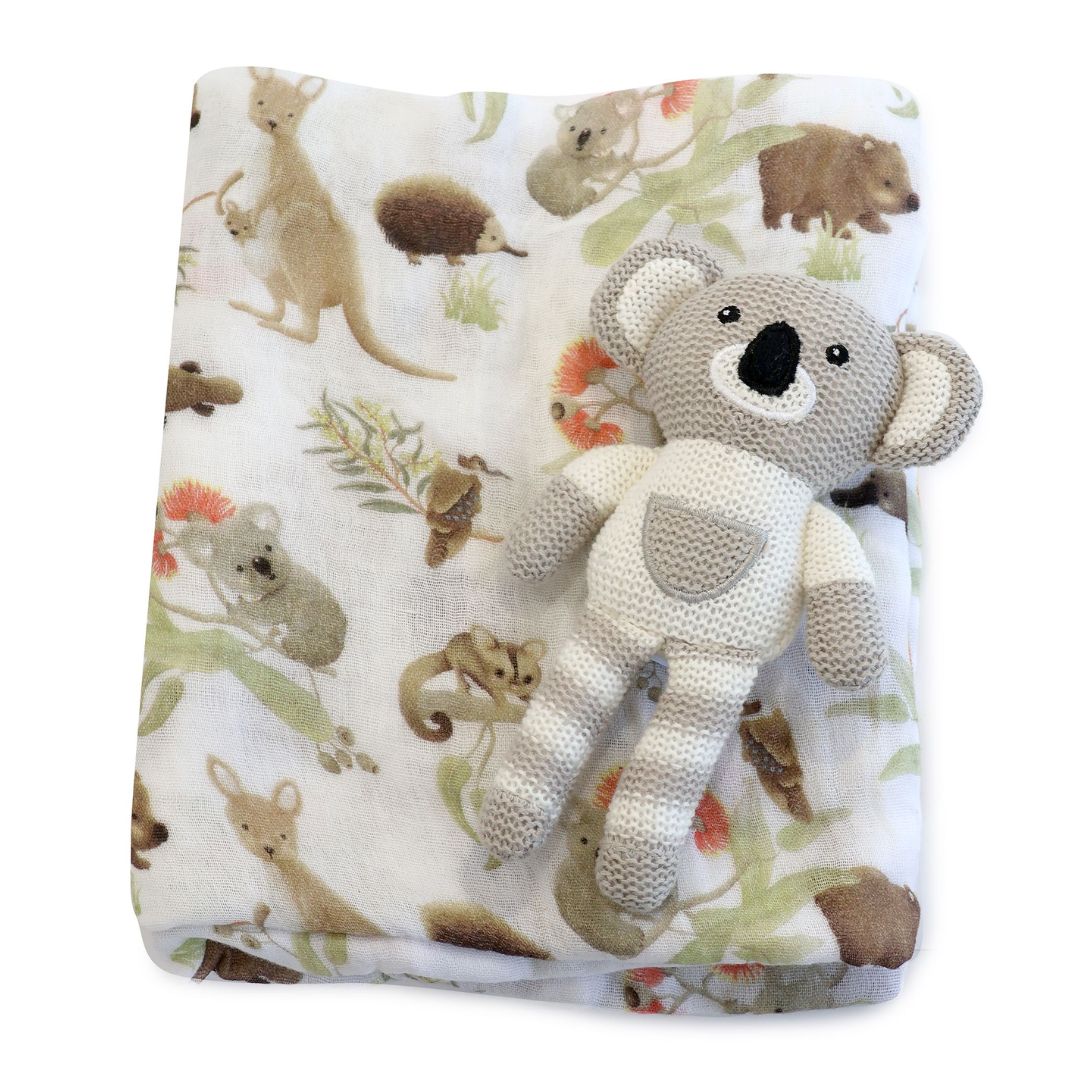 Bubba Blue Aussie Animals Koala Muslin Swaddle Wrap and Knit Rattle Toy Gift Set