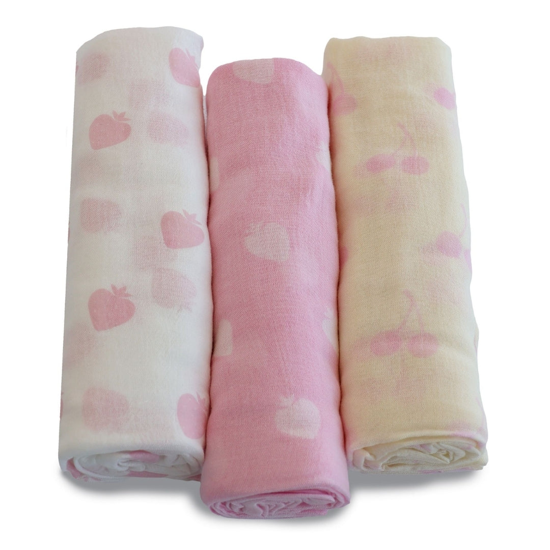 Bubba Blue Nordic Muslin Wrap 3pk Strawberry/Cherry