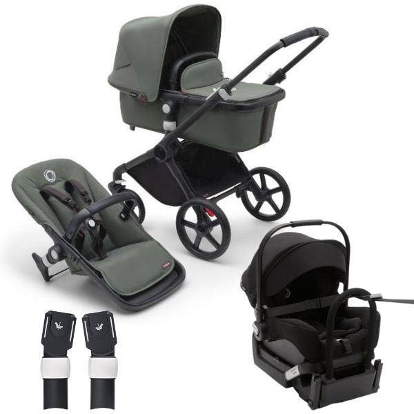 Bugaboo Fox Cub Complete Pram Black/Forest Green-Forest Green TRAVEL SYSTEM (includes Bugaboo Turtle car seat with base & adaptors)