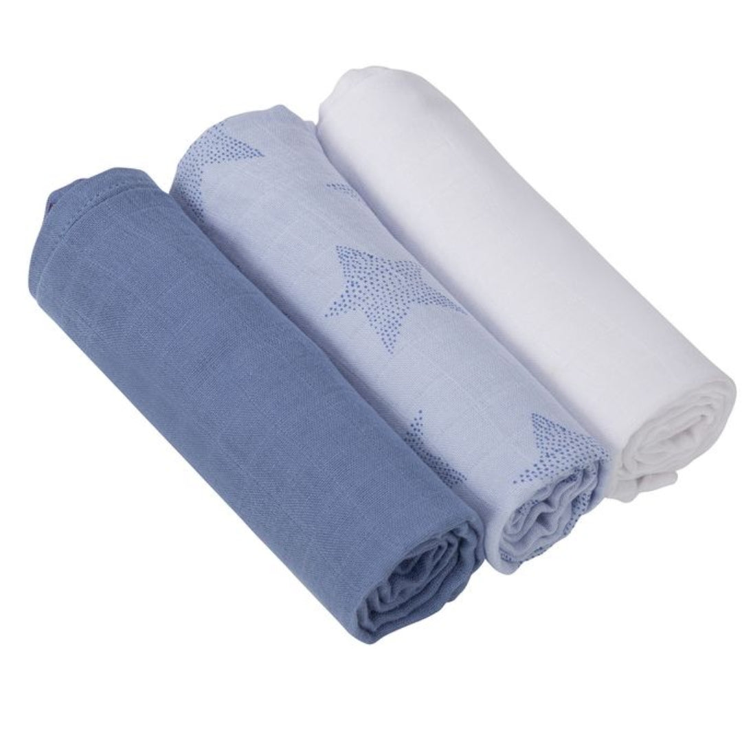 ClevaMama Muslin Cloth Set - Super Soft Bamboo & Cotton 3 Pack Blue