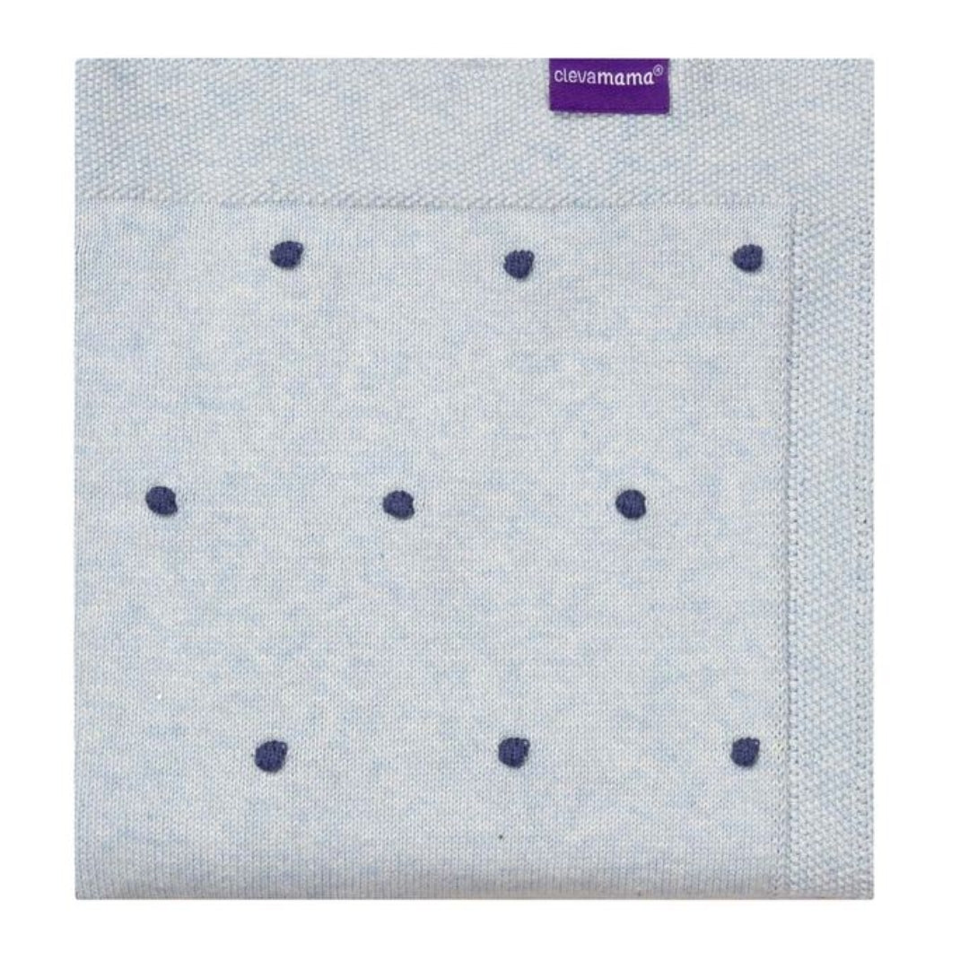 ClevaMama Knitted Pom Pom Baby Blanket Organic Cotton Blue