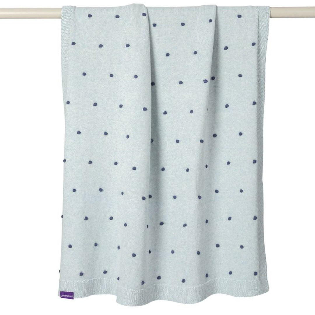 ClevaMama Knitted Pom Pom Baby Blanket Organic Cotton Blue