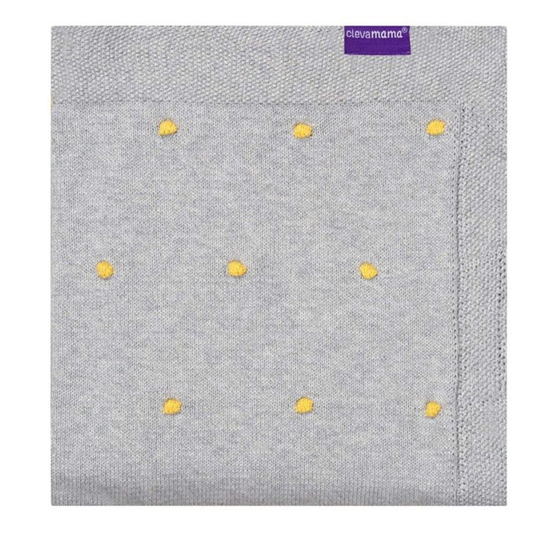 ClevaMama Knitted Pom Pom Baby Blanket Organic Cotton Grey