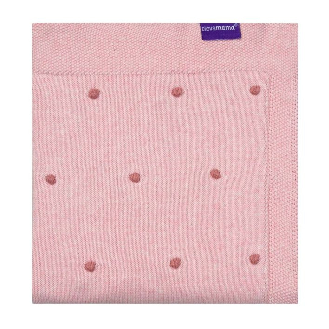 ClevaMama Knitted Pom Pom Baby Blanket Organic Cotton Pink