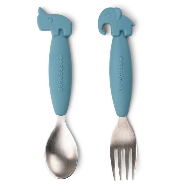 Done By Deer Easy-Grip Spoon and Fork Set Deer Friends Blue