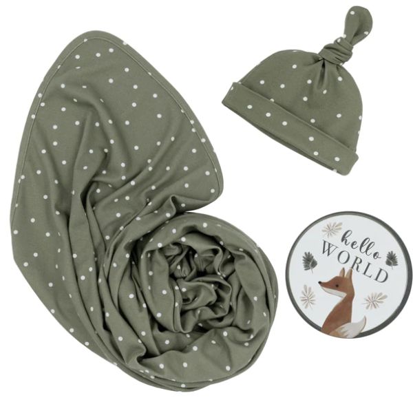 Living Textiles Hello World Newborn Gift Set Olive Spots