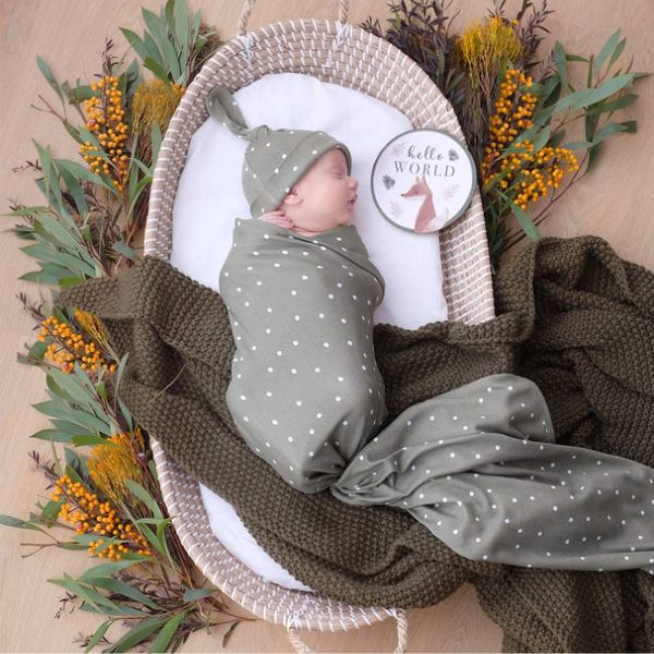 Living Textiles Hello World Newborn Gift Set Olive Spots