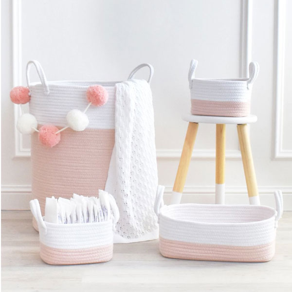 Living Textiles Large Cotton Rope Hamper Blush/White