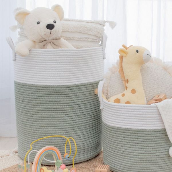 Living Textiles Large Cotton Rope Hamper Sage/White