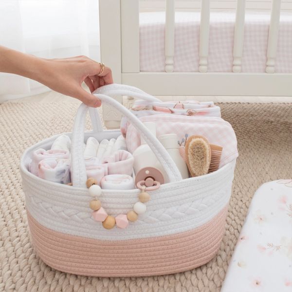 Living Textiles Cotton Rope Nappy Caddy with Divider Blush/White