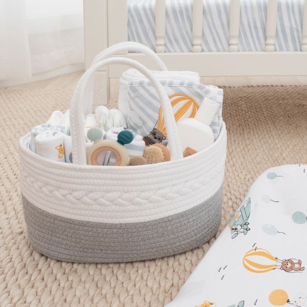 Living Textiles Cotton Rope Nappy Caddy with Divider Grey/White