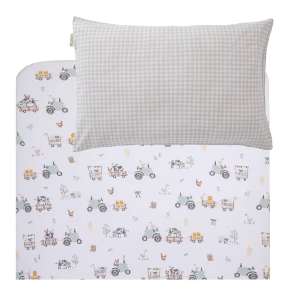 Living Textiles Port-a-Cot Fitted Sheet & Pillowcase Set Tractor Ride