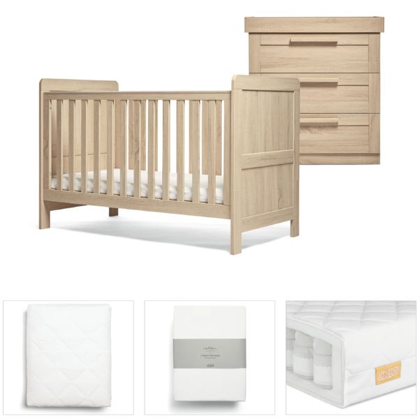 Mamas & Papas Atlas 5 piece set with Cot Bed, Dresser Changer, Mattress, Fitted Sheets and Mattress Protector - Light Oak