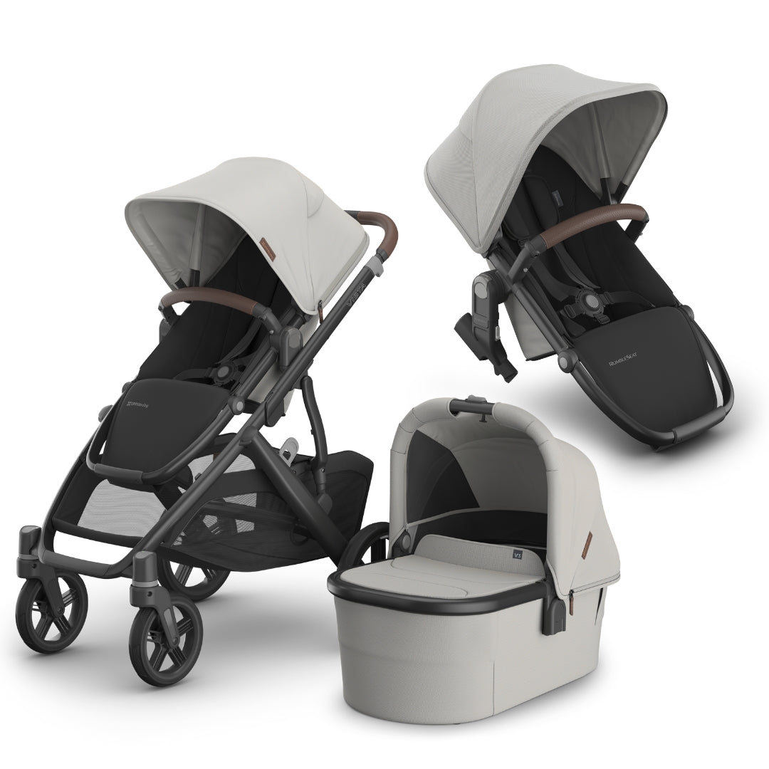 UPPAbaby Vista V3 Pram with Bassinet SAVANNAH (Pearl Grey Jacquard/Carbon Frame/Chestnut Leather) + Rumble Seat V3