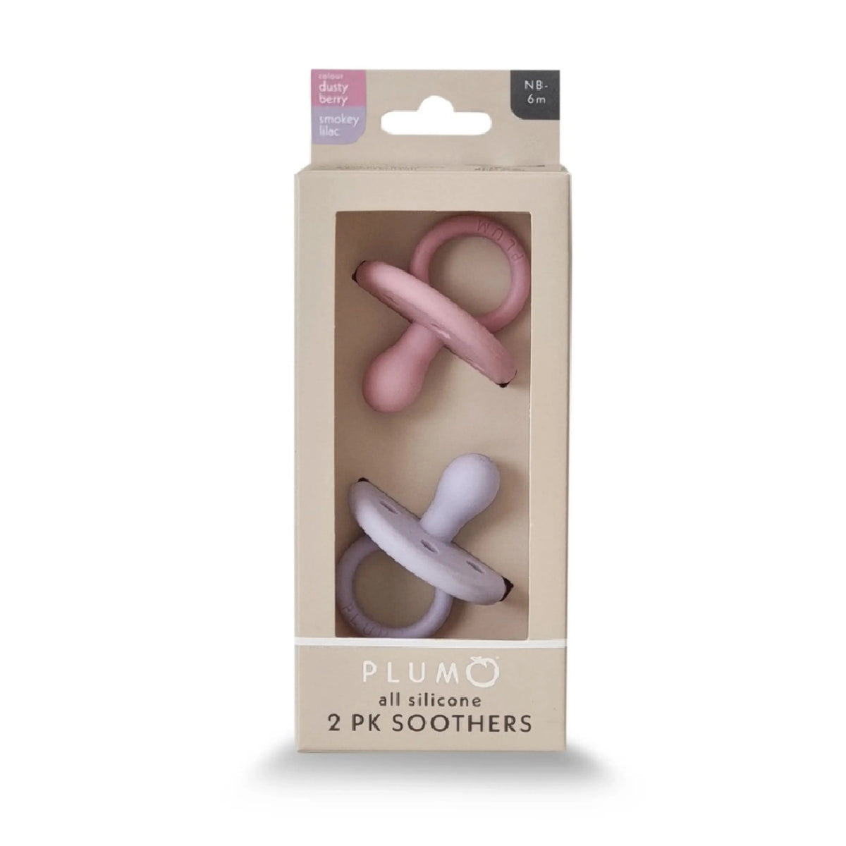 PLUM Silicone Soothers 0-6m 2pk Dusty Berry & Lilac