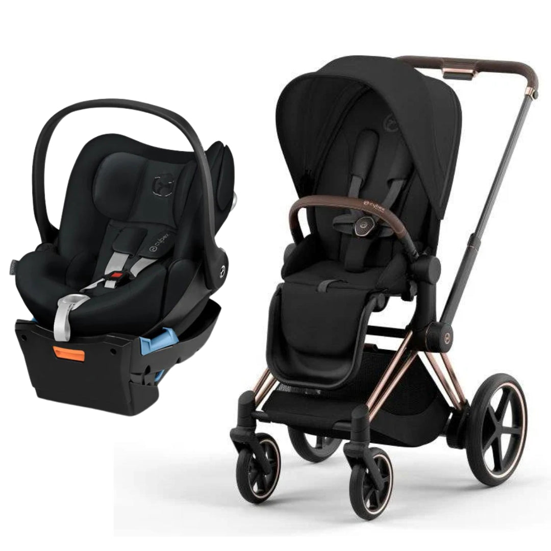 Cybex Priam Pram with Rose Gold Chassis & Sepia Black Seat V26 + Cloud Q Capsule with Base Stardust Black
