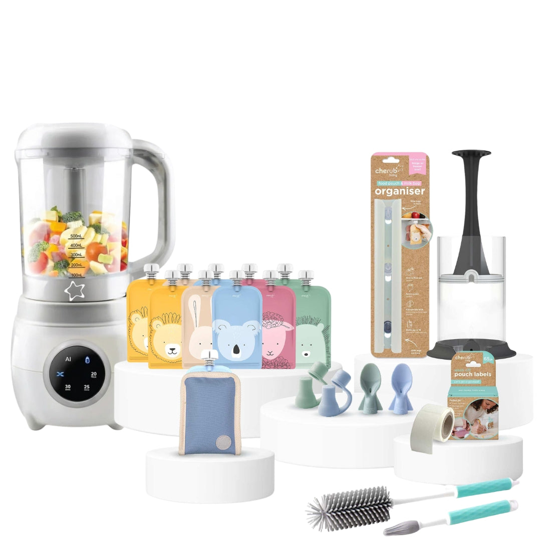 Cherub Baby Automatic Baby Food Maker, Bottle Steriliser & Warmer + Reusable Baby Food & Yogurt Pouches Bundle Kit V2
