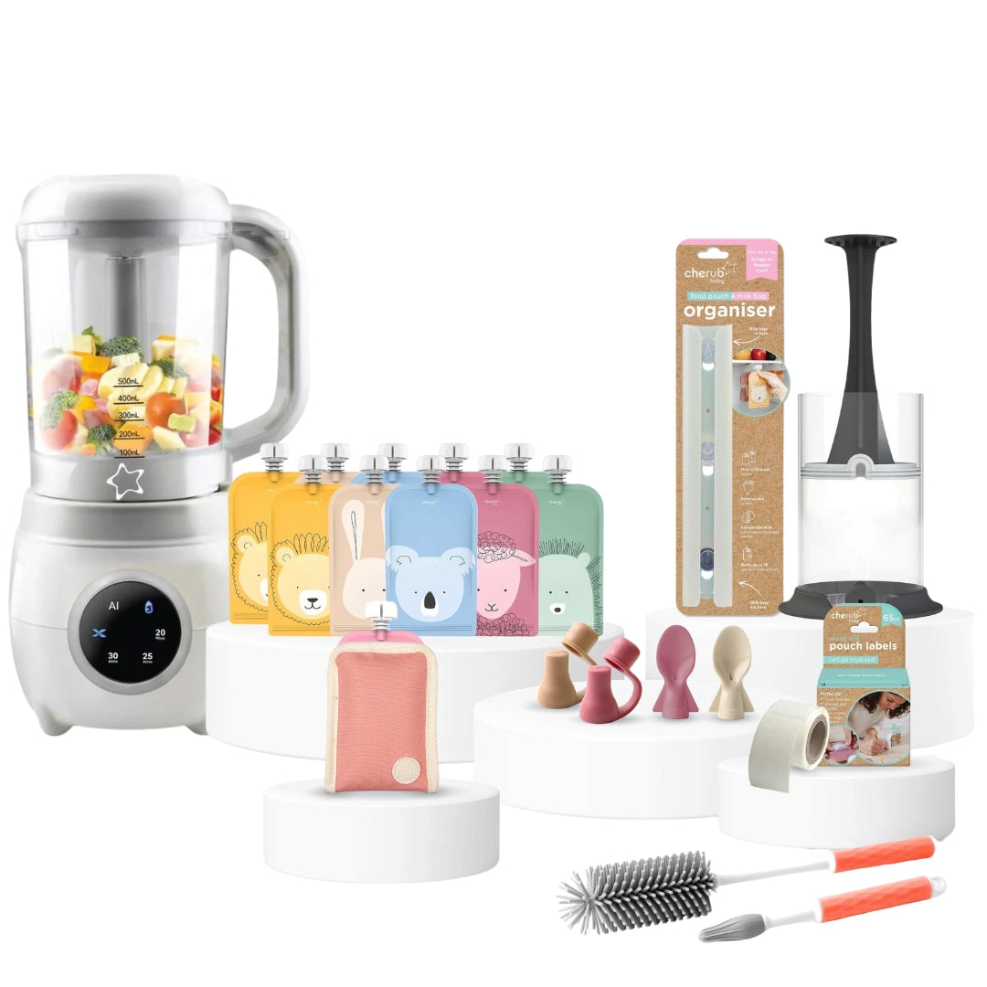 Cherub Baby Automatic Baby Food Maker, Bottle Steriliser & Warmer + Reusable Baby Food & Yogurt Pouches Bundle Kit V2