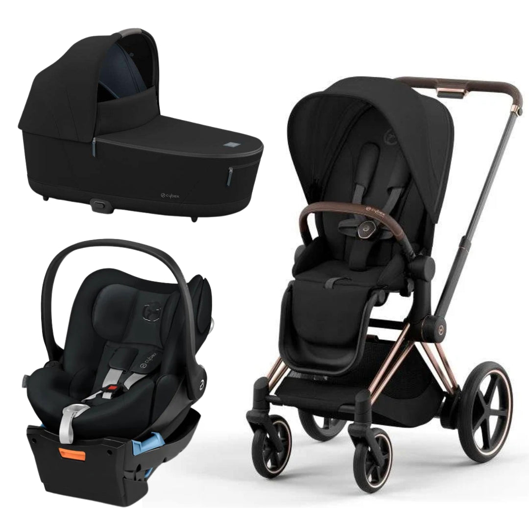 Cybex Priam Pram with Rose Gold Chassis & Sepia Black Seat V26 + Cybex Priam Lux Carrycot Sepia Black + Cloud Q Capsule with Base Stardust Black