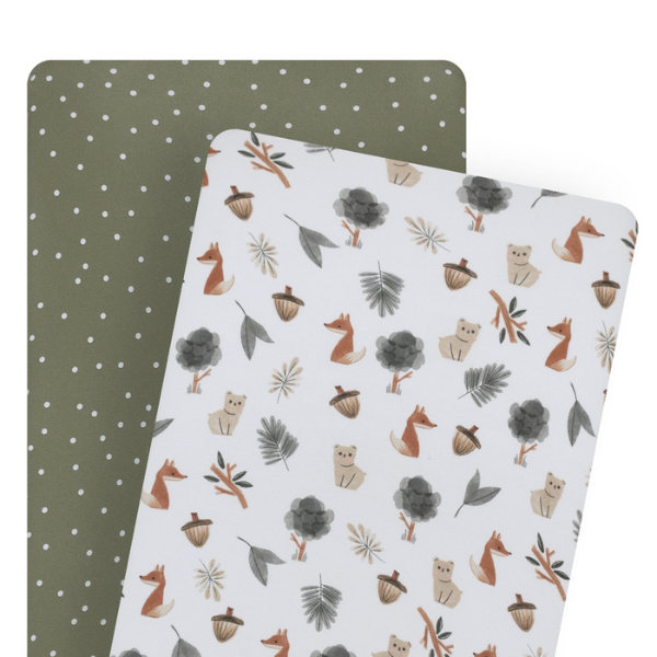 Living Textiles Bassinet Fitted Sheets 2pk Forest Retreat/Olive Dots