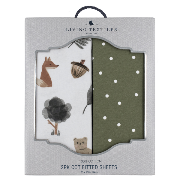 Living Textiles Cot Fitted Sheets 2pk Forest Retreat/Olive Dots