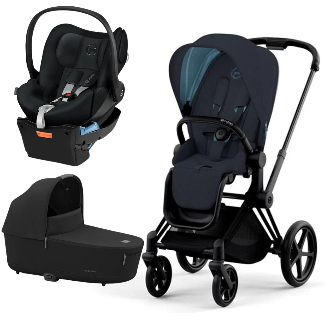 Cybex Priam Pram with Matt Black Chassis V26 + Priam Lux Carry Cot Sepia Black + Cloud Q Capsule with Base Stardust Black