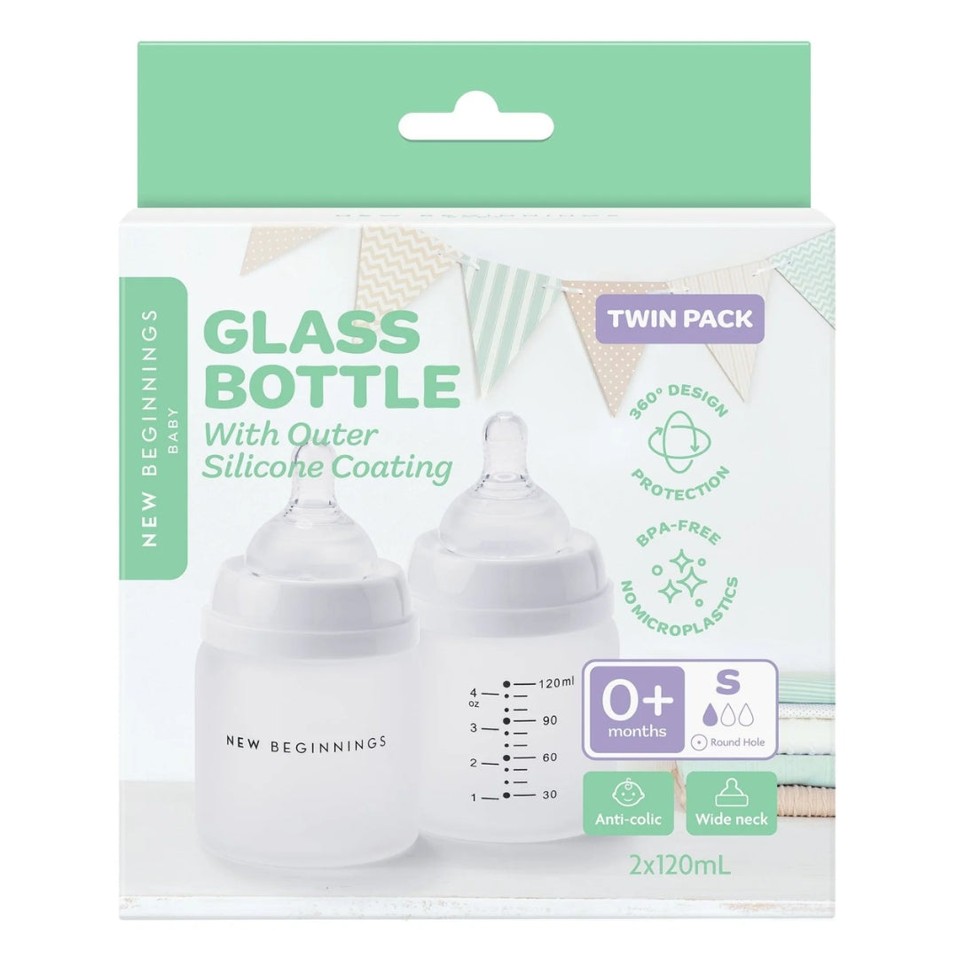 New Beginnings Glass Bottle 120ml Silicone Outer Twin Pack