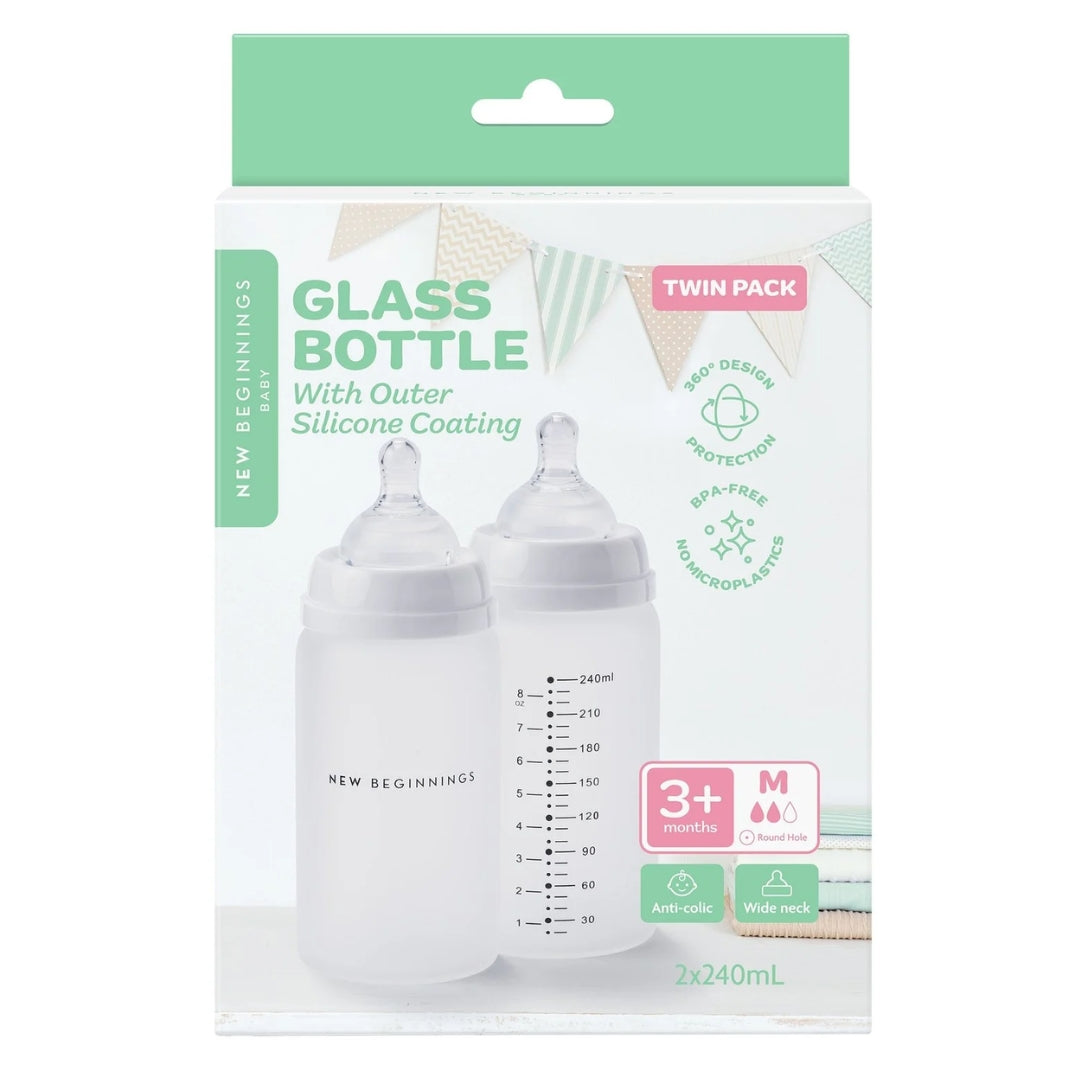 New Beginnings Glass Bottle 240ml Silicone Outer Twin Pack