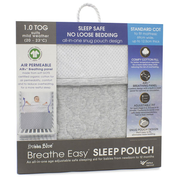 Bubba Blue Air+ Sleep Pouch 2.5Tog Standard Cot White Grey