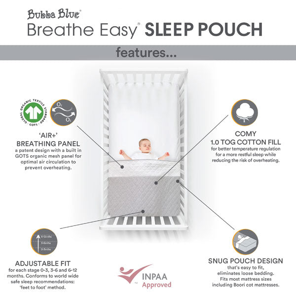 Bubba Blue Air+ Sleep Pouch 2.5Tog Standard Cot White Grey