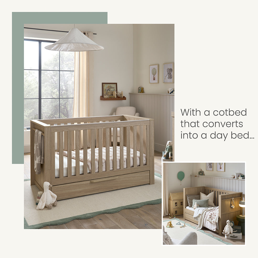 Mamas & Papas Franklin Light Oak 4 piece set with Cot Bed, Mattress, Fitted Sheets & Mattress Protector
