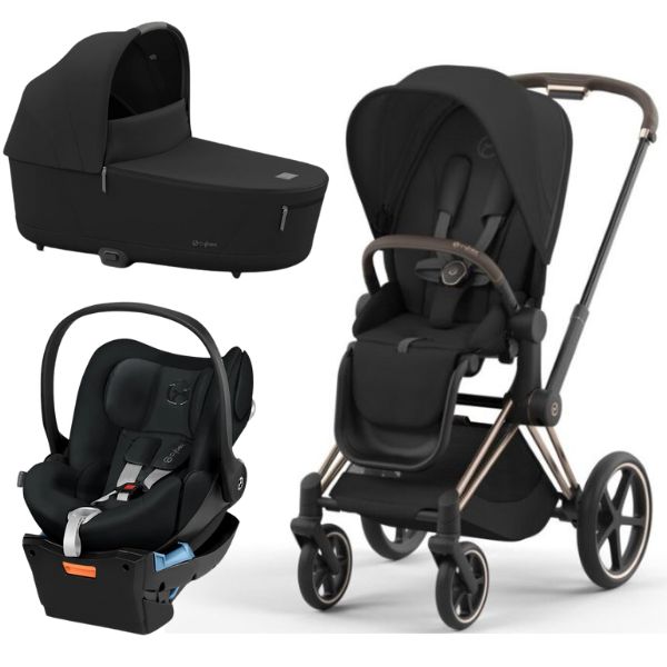 Cybex Priam Pram with Rose Gold Chassis & Sepia Black Seat V26 + Cybex Priam Lux Carrycot Sepia Black (Copy) + Cloud Q Capsule with Base Stardust Black