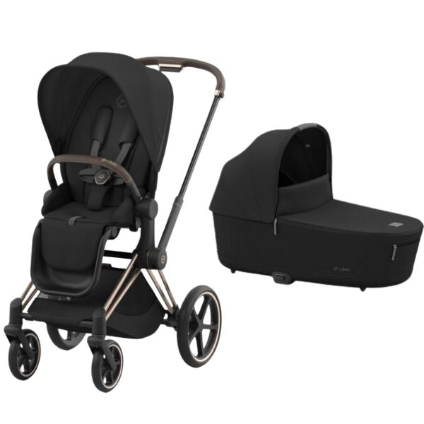 Cybex Priam Pram with Rose Gold Chassis & Sepia Black Seat V26 + Cybex Priam Lux Carrycot Sepia Black