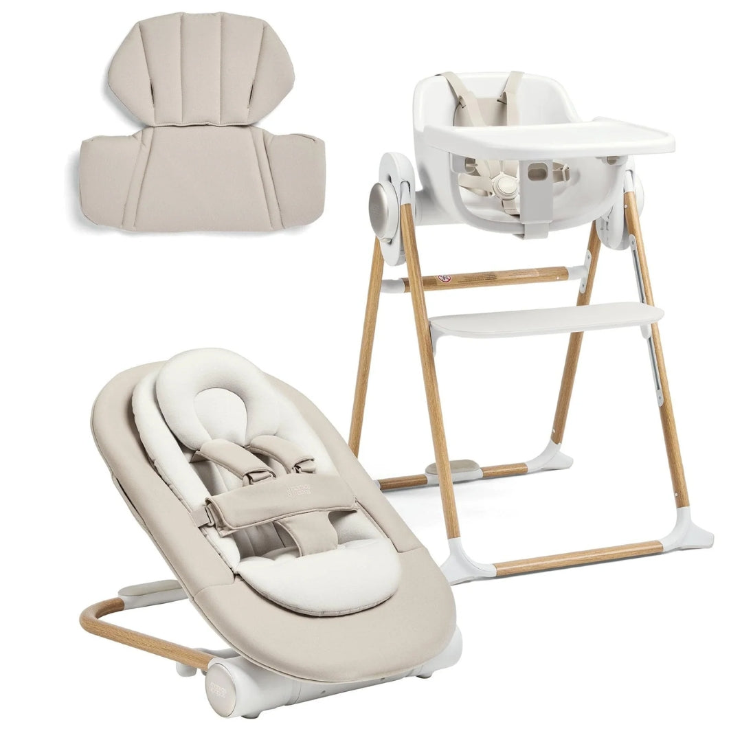 Mamas & Papas Eno Highchair, Bouncer and Cushion Bundle Cashmere