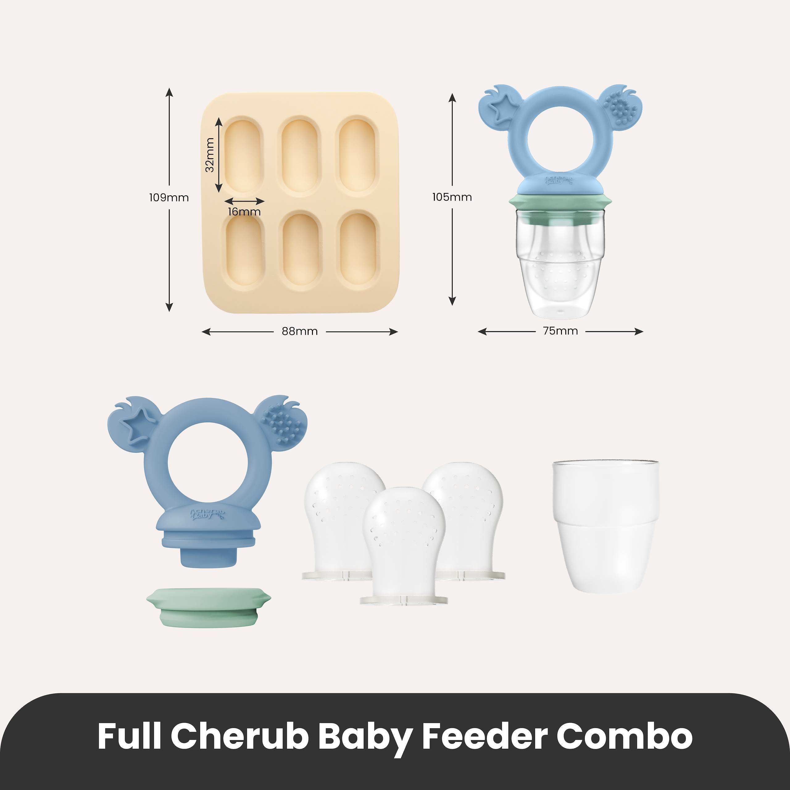 Cherub Baby Silicone Baby Fresh Food Feeder + Nibble Tray + Replacement Net 2pk Bundle