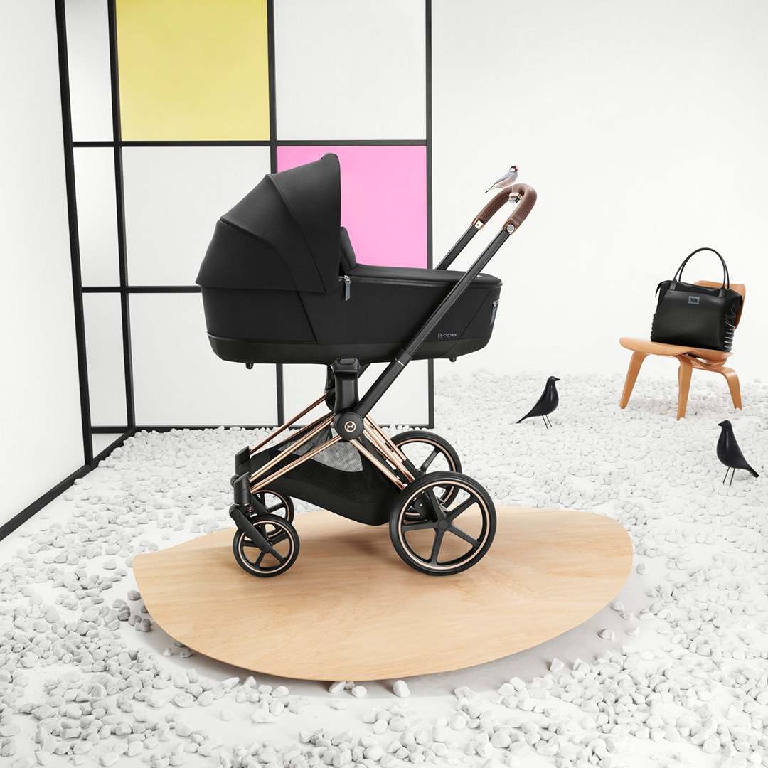 Cybex Priam Pram with Rose Gold Chassis & Sepia Black Seat V26 + Cybex Priam Lux Carrycot Sepia Black