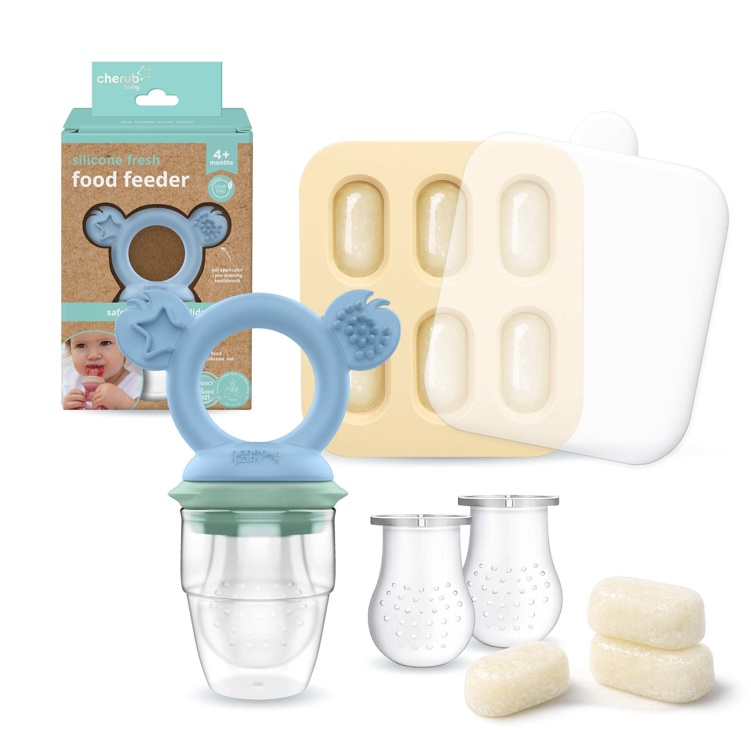 Cherub Baby Silicone Baby Fresh Food Feeder + Nibble Tray + Replacement Net 2pk Bundle