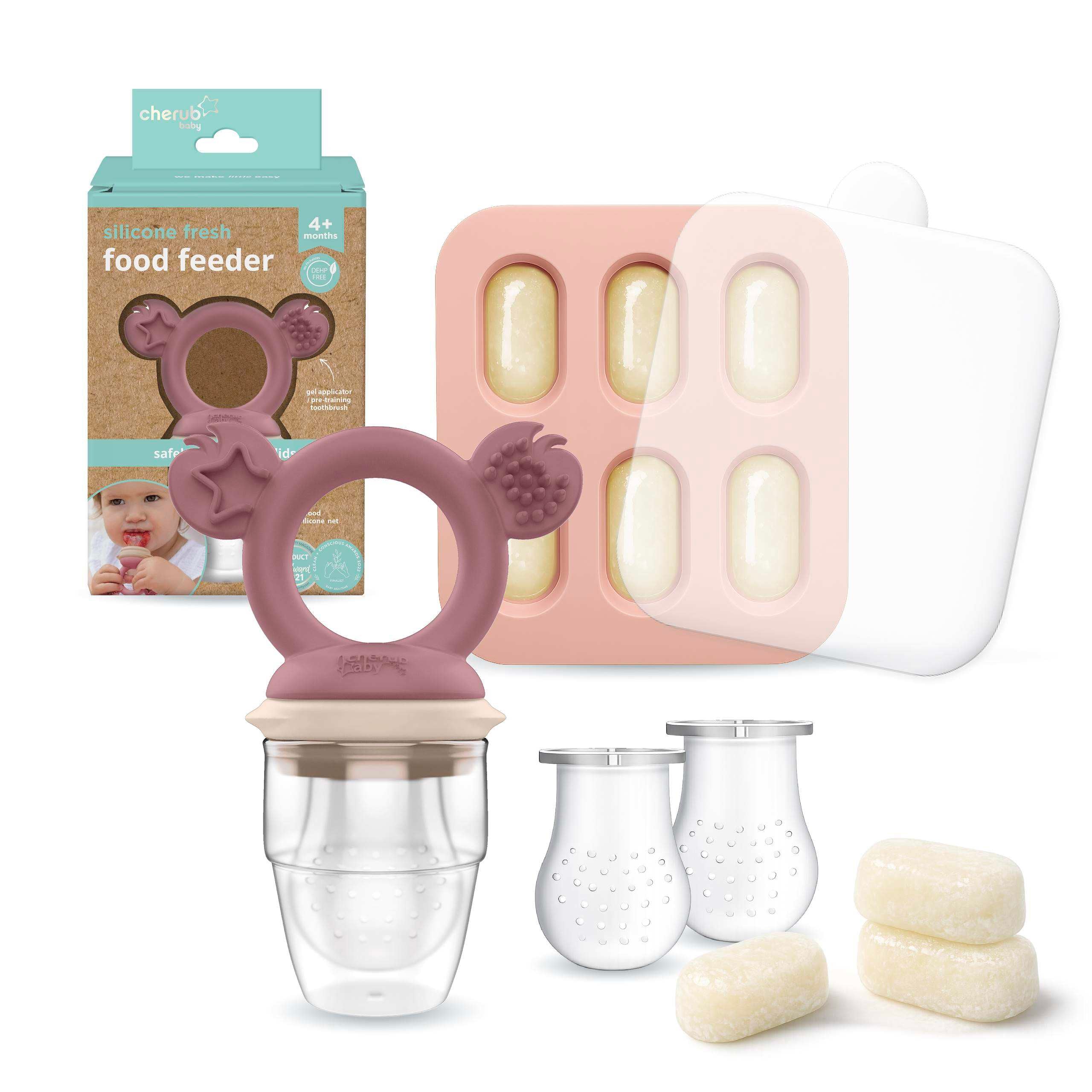 Cherub Baby Silicone Baby Fresh Food Feeder + Nibble Tray + Replacement Net 2pk Bundle
